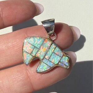 Gorgeous Sterling Silver Navajo Bear Fetish Fire Opal Pendant